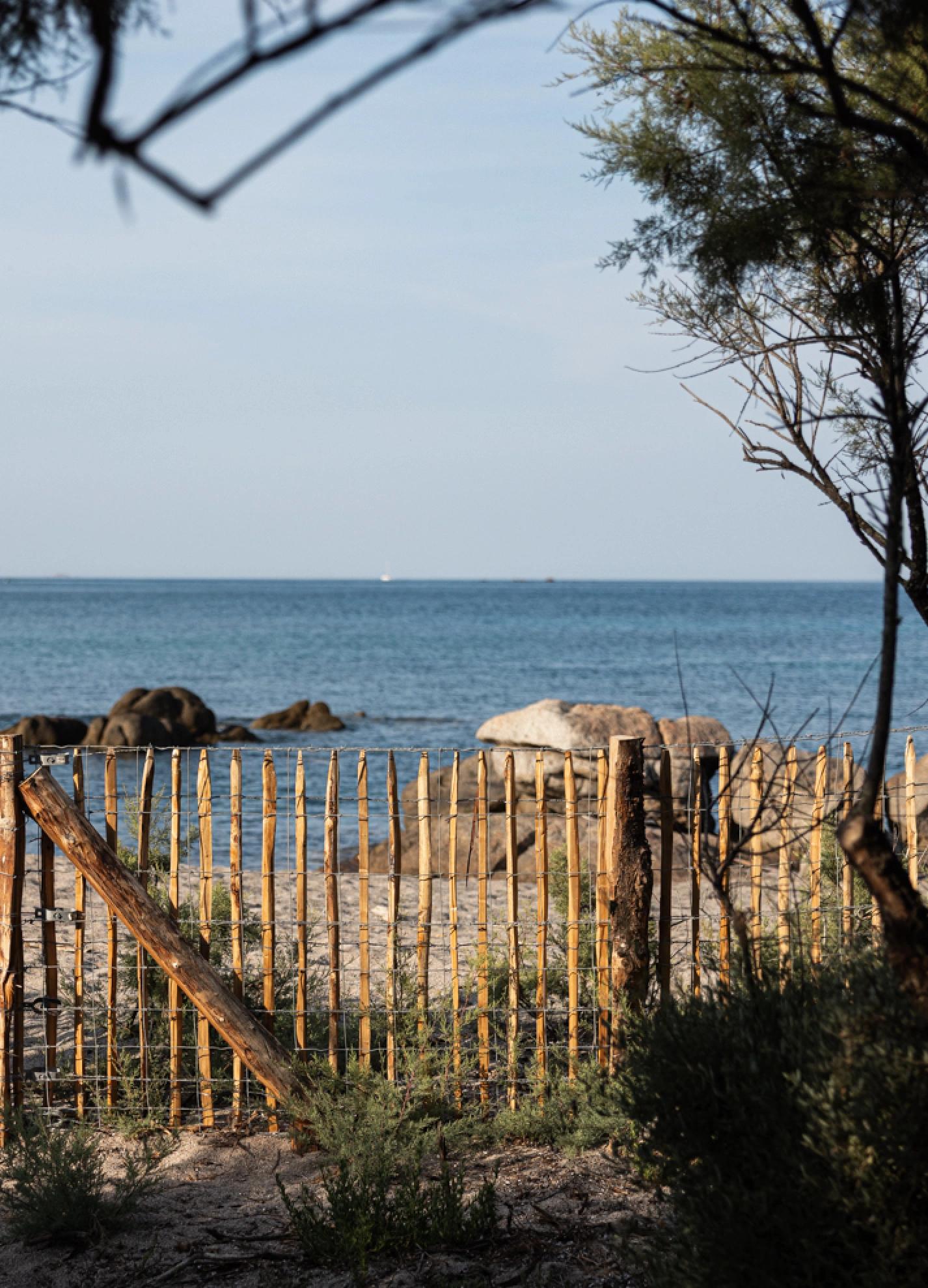 Barrière de plage en bois face à la mer avec rochers et végétation côtière