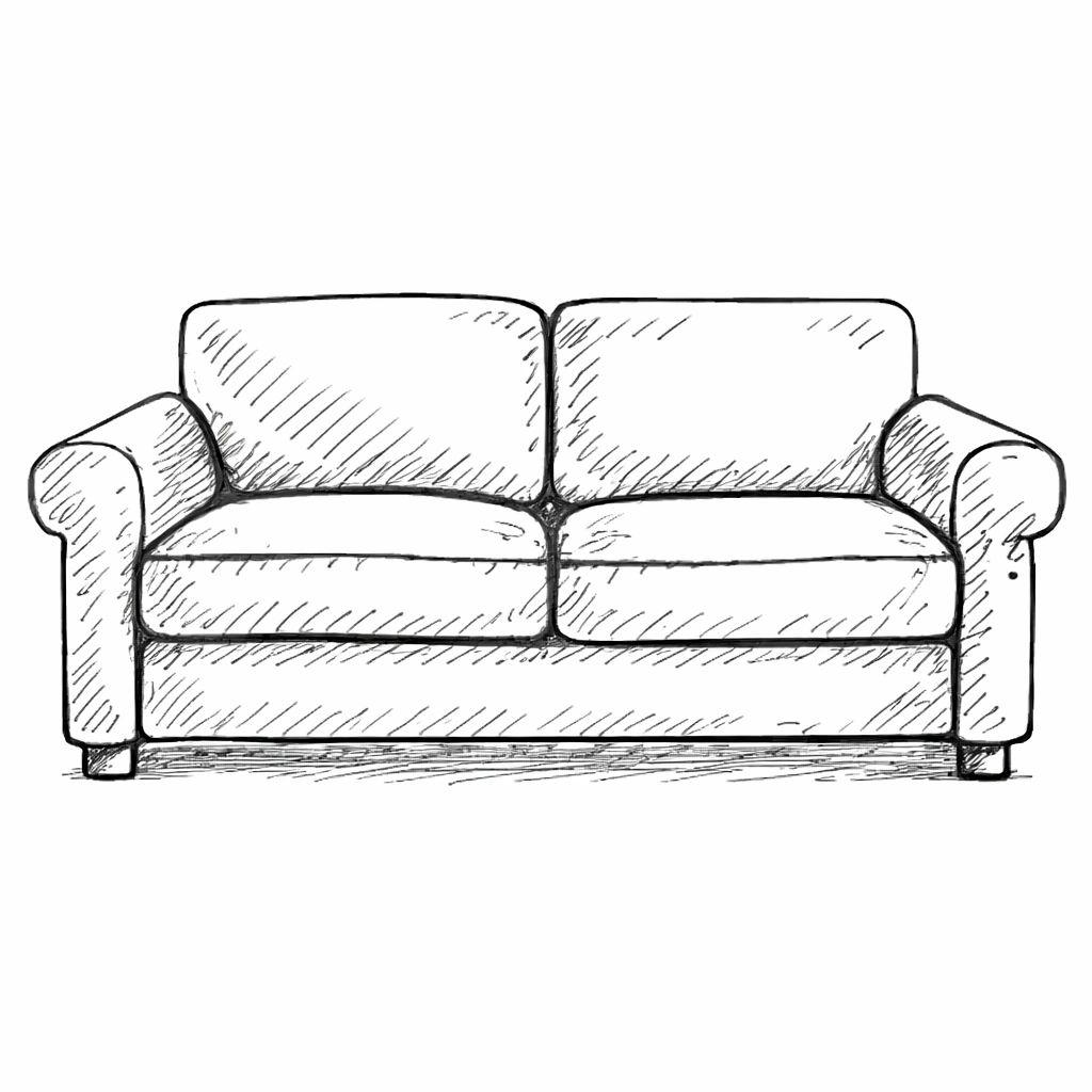 Canapé de style classique avec accoudoirs arrondis et coussins confortables, dessiné au trait