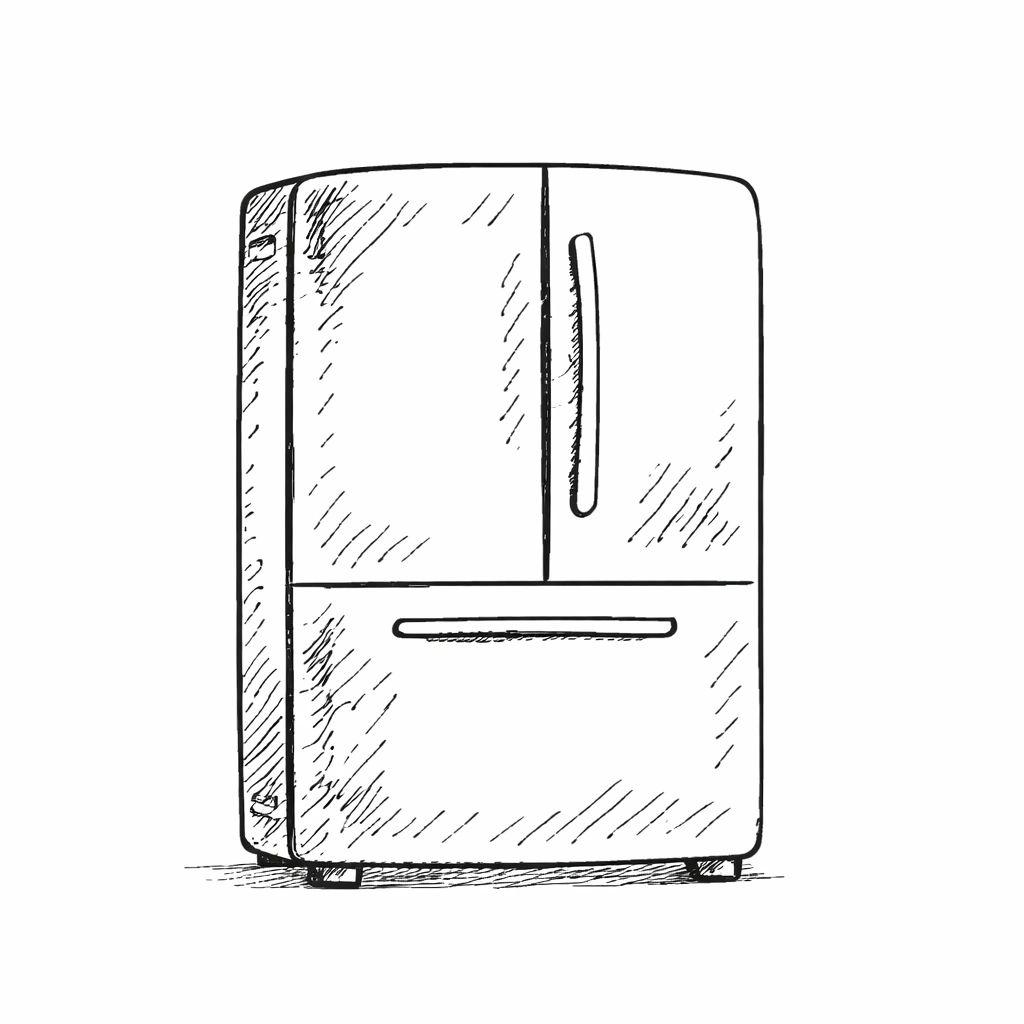 Illustration en noir et blanc d'un réfrigérateur moderne avec portes et compartiments de rangement