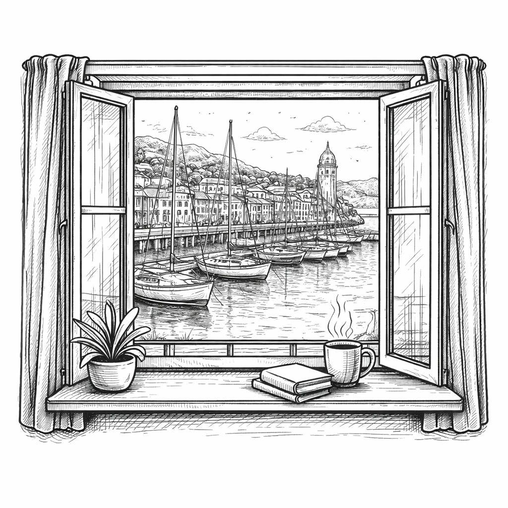 Appartements de luxe avec vue sur port méditerranéen et voiliers depuis fenêtre ouverte
