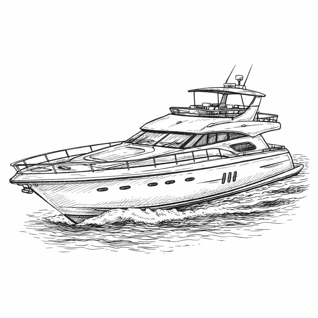 Dessin en noir et blanc d'un luxueux bateau à moteur navigant sur l'eau