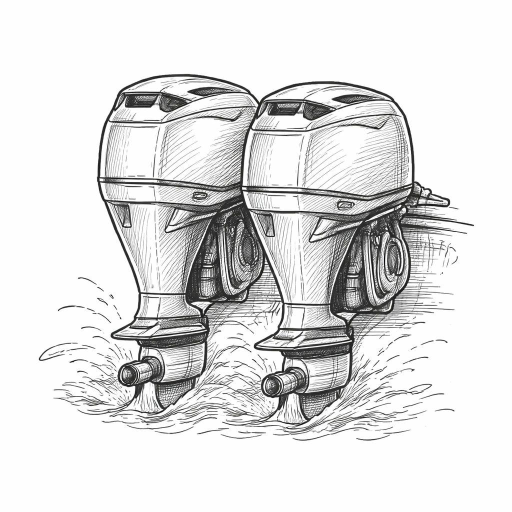 Illustration de deux moteurs de bateau côte à côte avec hélices en action dans l'eau