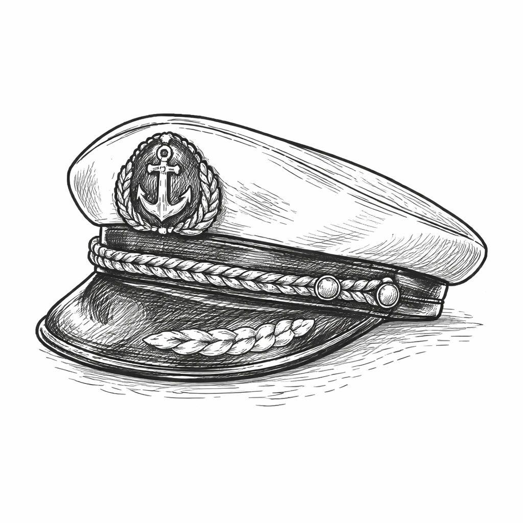 Casquette de capitaine marine avec ancre et insigne de bateau en dessin noir et blanc