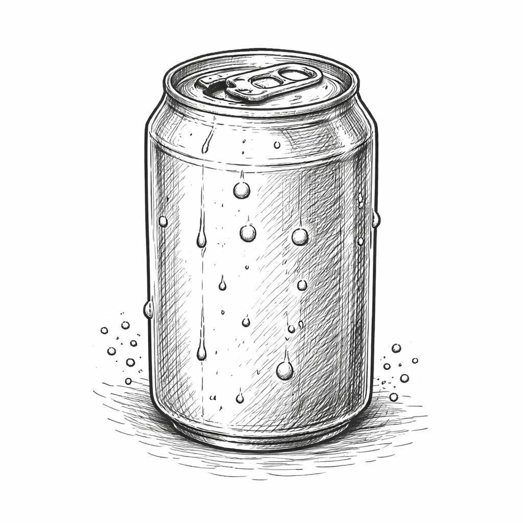 Illustration d'une canette de boisson gazeuse avec condensation et bulles flottantes