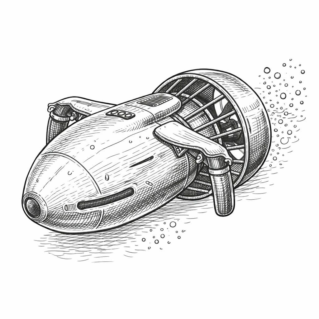 Illustration d'un bateau futuriste submersible avec hélice et bulles d'eau en style dessin technique