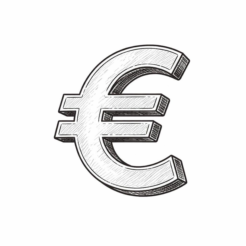 Symbole de l'euro dessiné en style sketch avec effet 3D et ombrage détaillé
