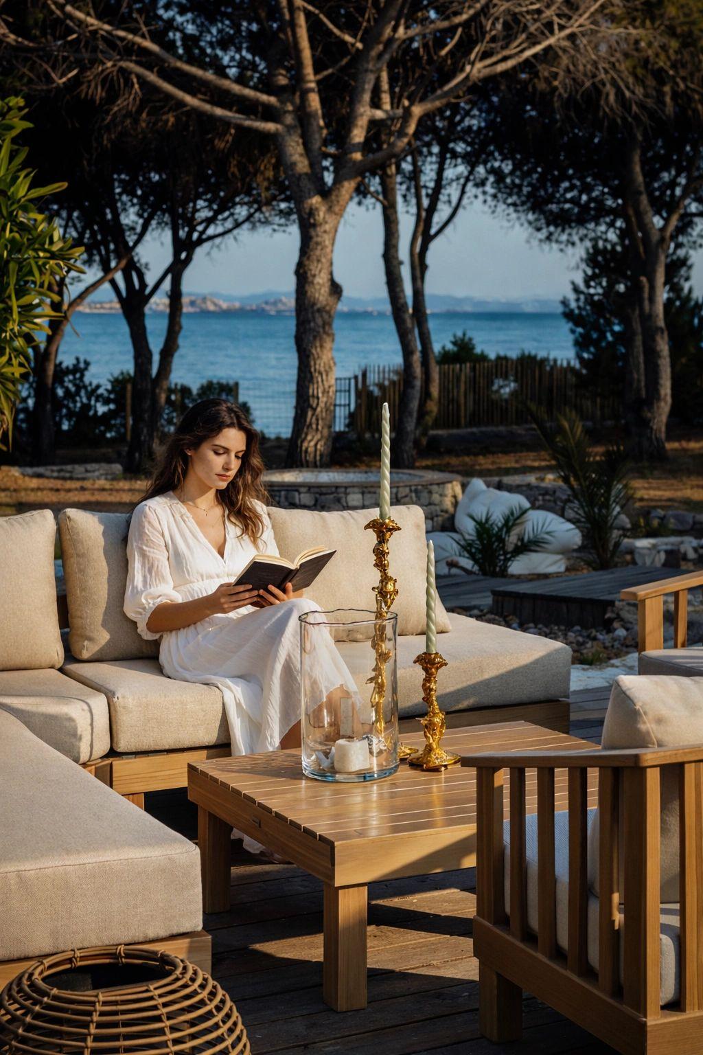 Femme lisant sur une terrasse face à la mer à Bonifacio, locations de luxe méditerranéennes