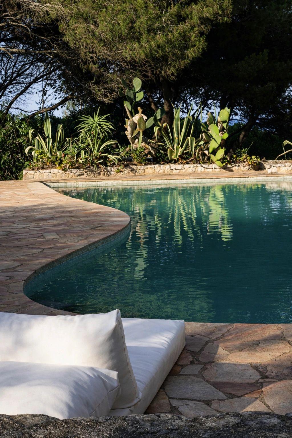 Villa de luxe avec piscine turquoise, transats blancs et jardin méditerranéen paysagé