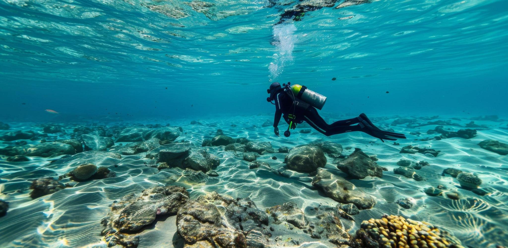 Plongeur en apnée explorant les fonds marins coralliens de Bonifacio en Corse