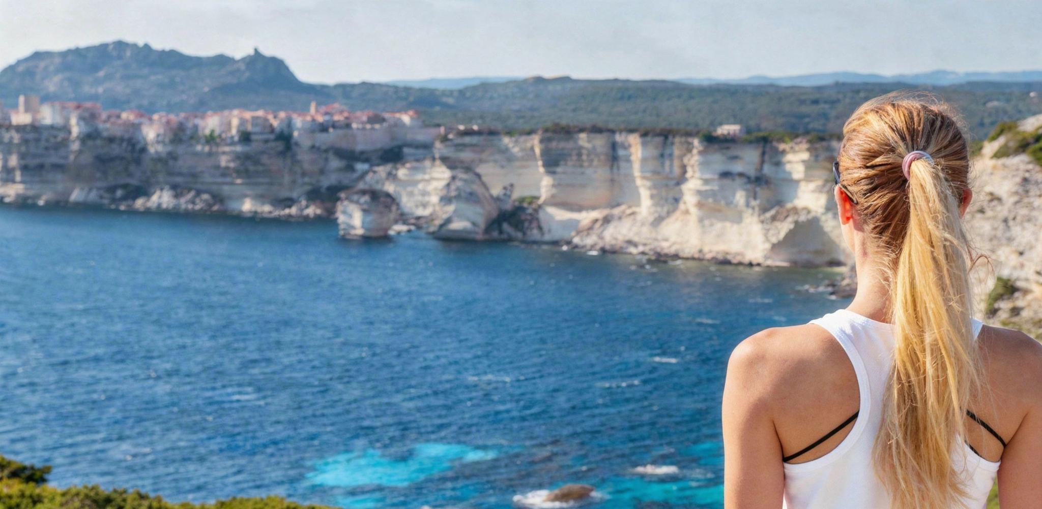 Femme admirant les falaises blanches de Bonifacio en Corse